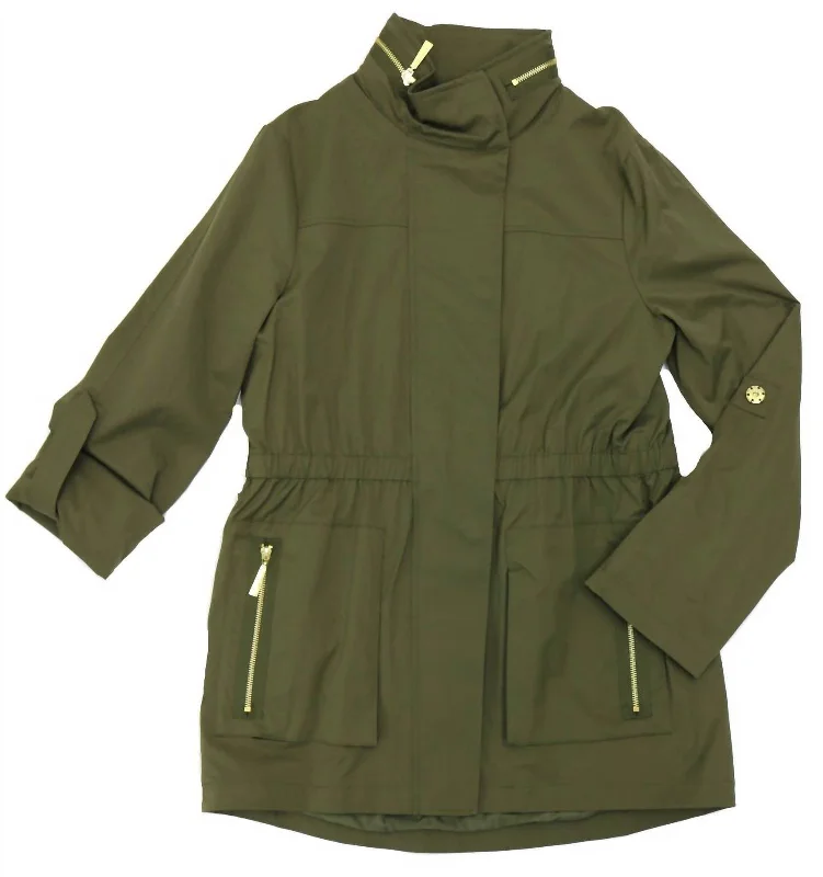 Cinched Waist Rain Jacket In Olive Green