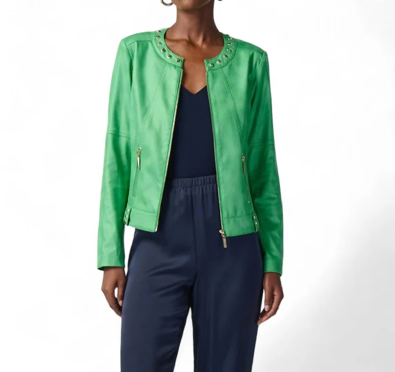 Faux Leather Studded Jacket In Island Green