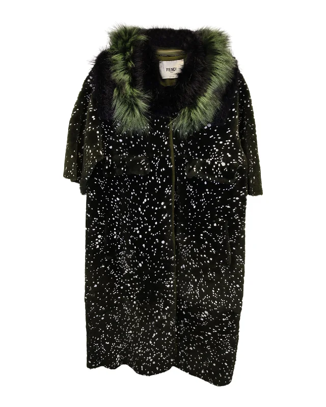 Fendi Fall 2014 Runway Speckled Fur-Trimmed Coat in Green Leather