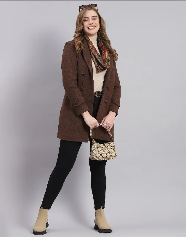 Women Brown Solid Lapel Collar Full Sleeve Coat