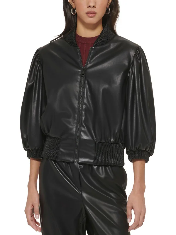 Womens Faux Leather Short Bomber Jacket