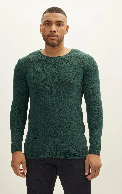 Crew Neck Knitted Sweater - Dark Green