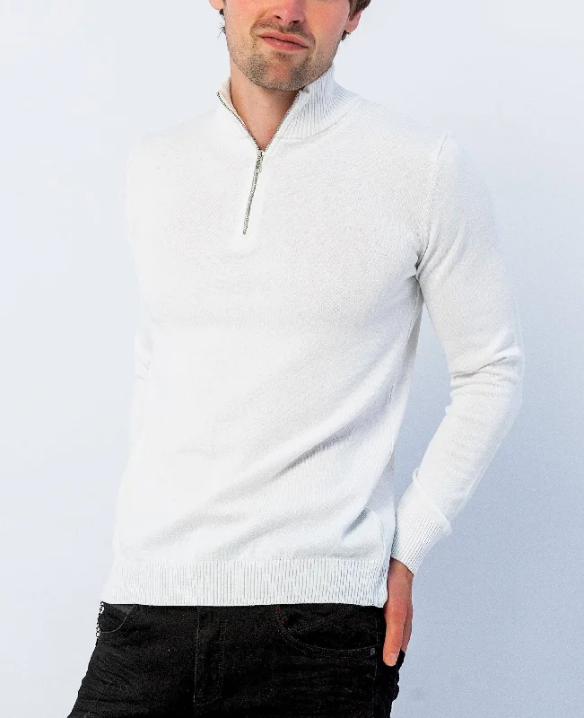 Quarter Zipper Mock Neck Ribbed Sweater - Off White