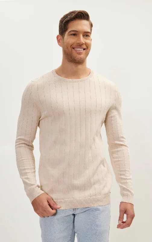 Slip-Stitch Crew Neck Long Sleeve Sweater - Beige