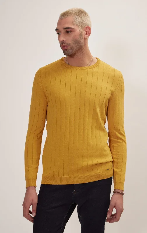 Slip-Stitch Crew Neck Long Sleeve Sweater - Mustard