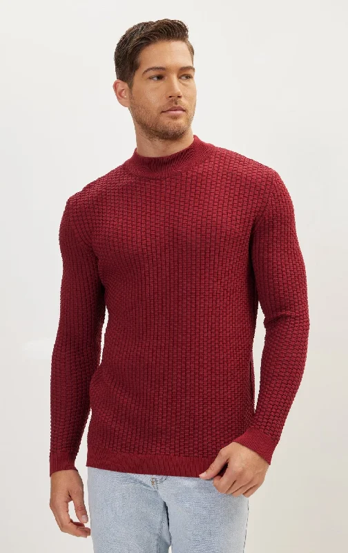 Oversized Bamboo Ribbing Stitch Mock Neck Sweater - Burgundy