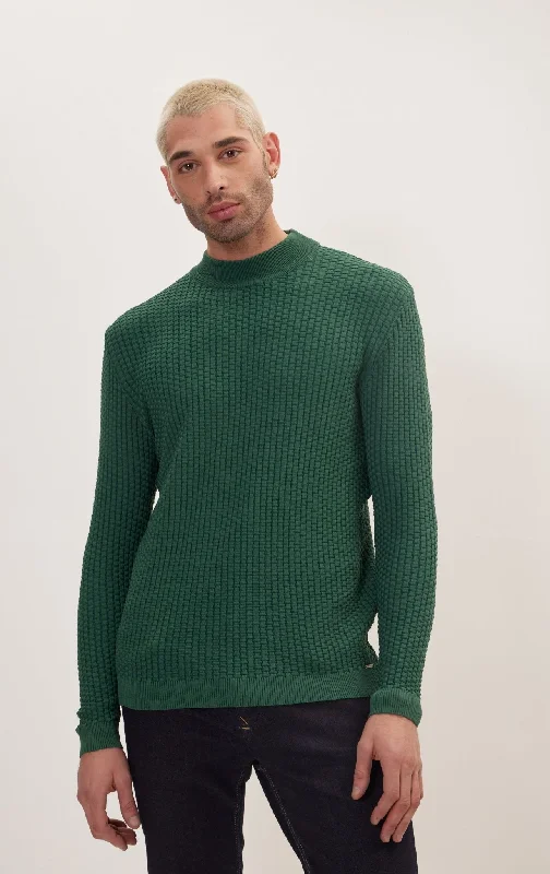 Oversized Bamboo Knitting Stitch Mock Neck Sweater - Green