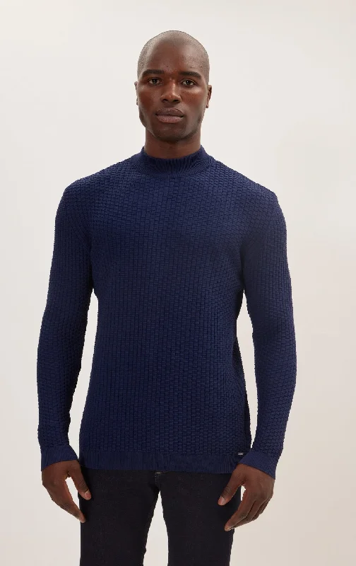 Oversized Bamboo Knitting Stitch Mock Neck Sweater - Navy