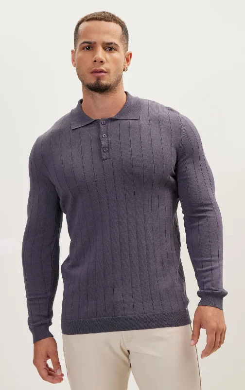 Slip-Stitch Polo Neck Long Sleeve Sweater - Anthracite