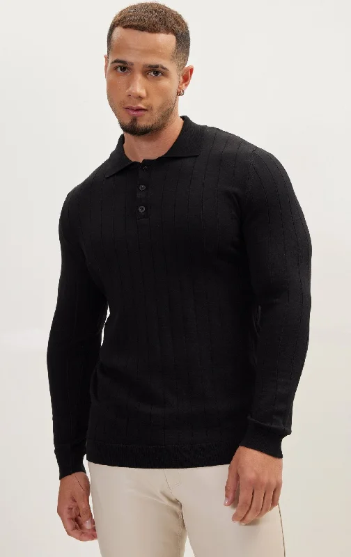 Slip-Stitch Polo Neck Long Sleeve Sweater - Black