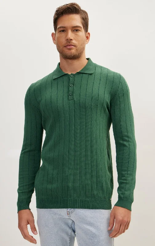 Slip-Stitch Polo Neck Long Sleeve Sweater - Green