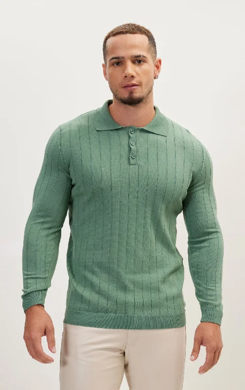 Slip-Stitch Polo Neck Long Sleeve Sweater - Teal Green