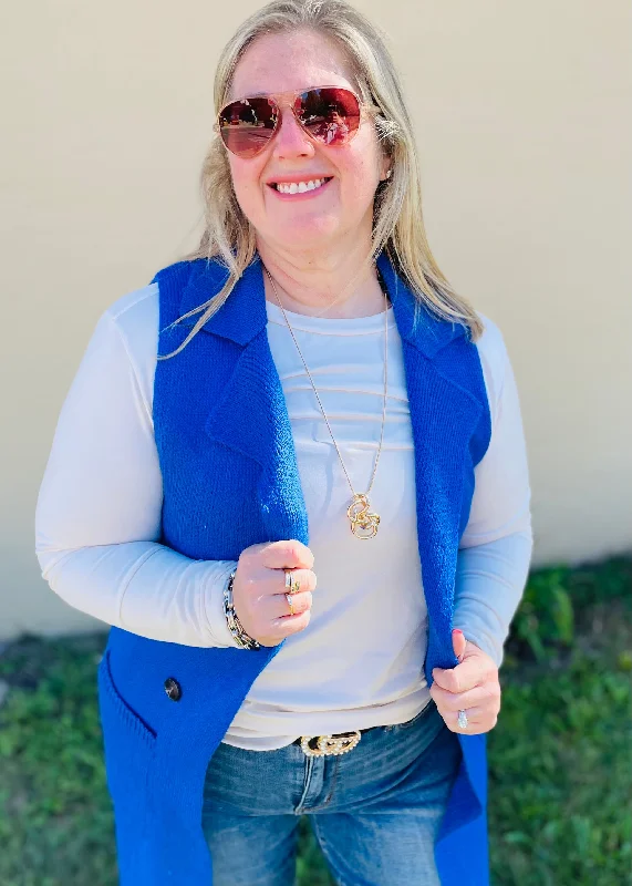 Blue Sleeveless Long Sweater Vest