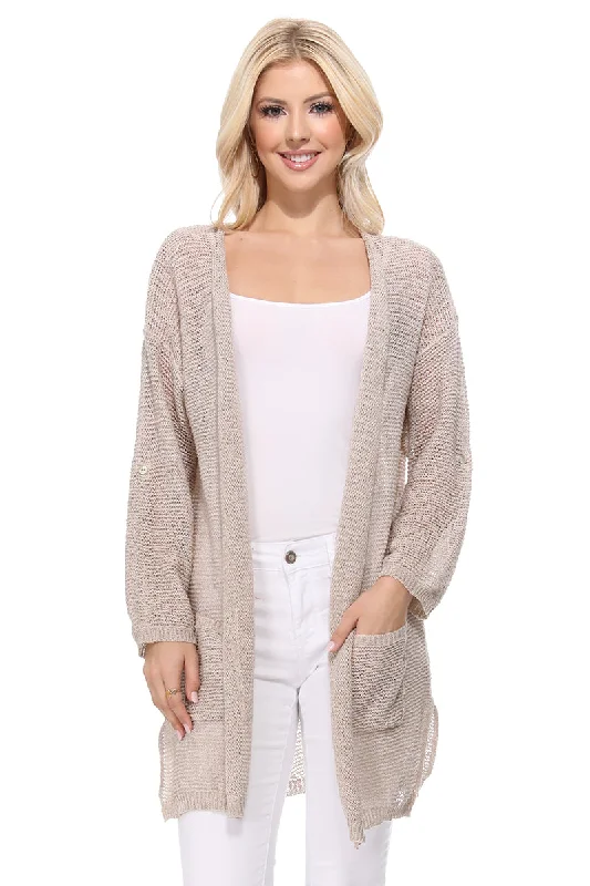 Yemak Women's Long Sleeve Knitted Open-Front Summer Sweater Cardigan with Pockets HK8072 (S/M - M/L)