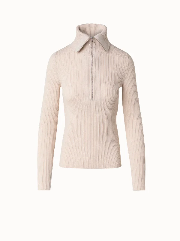 Virgin Wool Knit Sweater with Big Collar