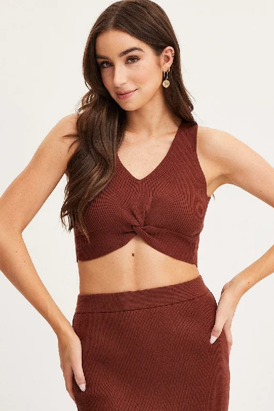 Brown Knit Top Sleeveless Crop