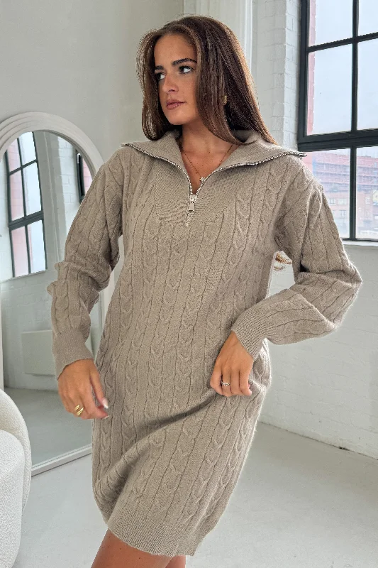 Hayes 1/4 Zip Camel Cable Knit Jumper Dress