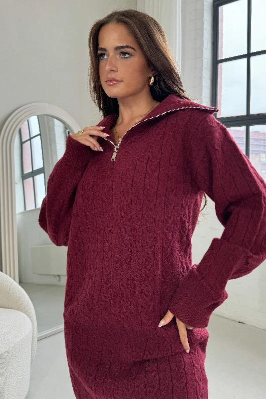 Hayes 1/4 Zip Wine Cable Knit Jumper Dress