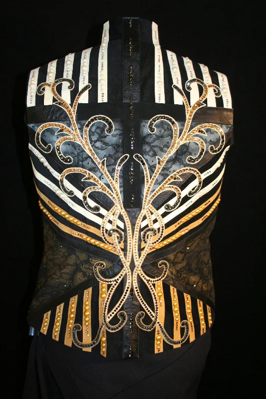 Ladies XL Black Pigsuede Show Vest, White and Gold Trim, 27275