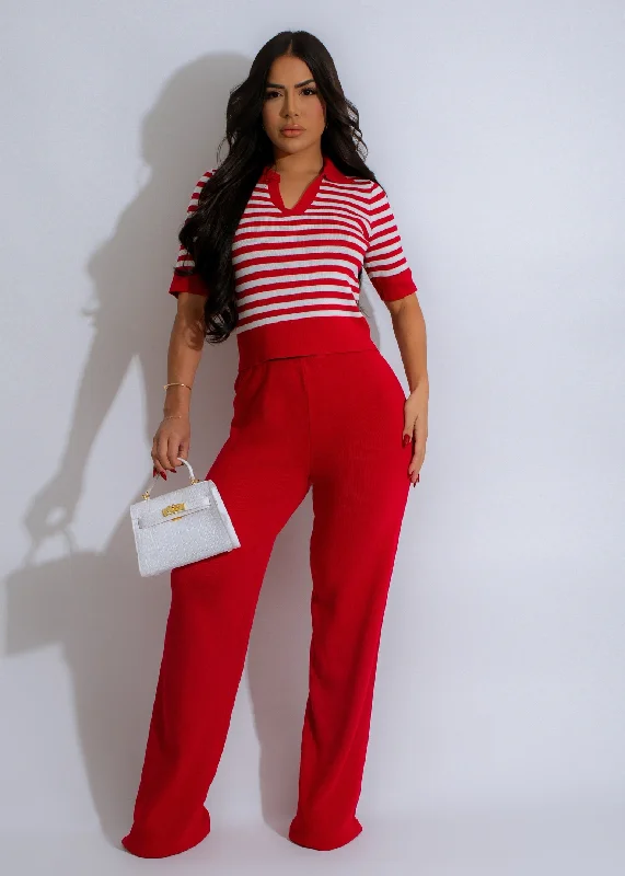 Linear Allure Knit Stripes Pant Set Red