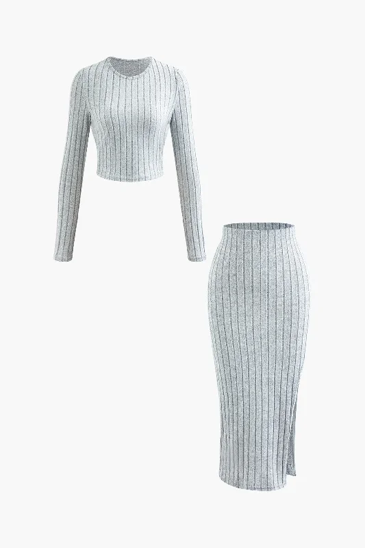 Solid Rib Knit Round Neck Long Sleeve Top And Slit Skirt Set