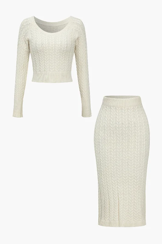 Solid Knit Long Sleeve Top And Slit Skirt Set