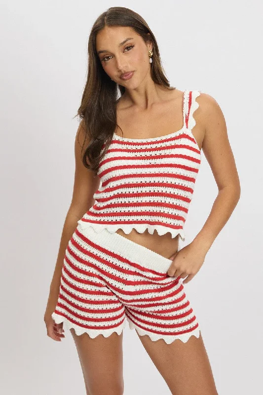 Red Stripe Crochet Knit Top