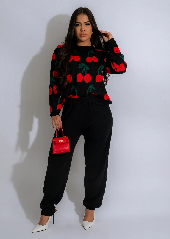 Sweet Orchard Cherry Lounge Knit Pant Set Black